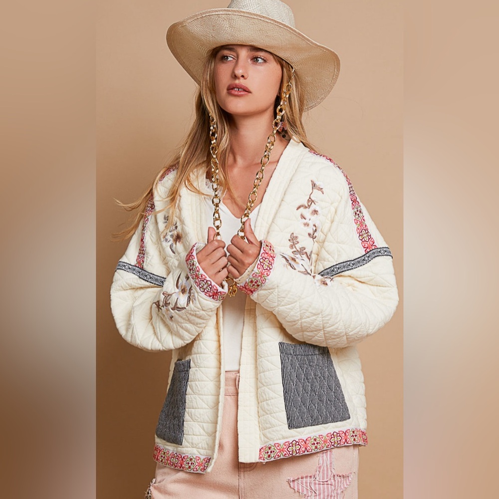 POL Quilted Cream Jacket with Gray Pockets and Pink Embroidered Trim